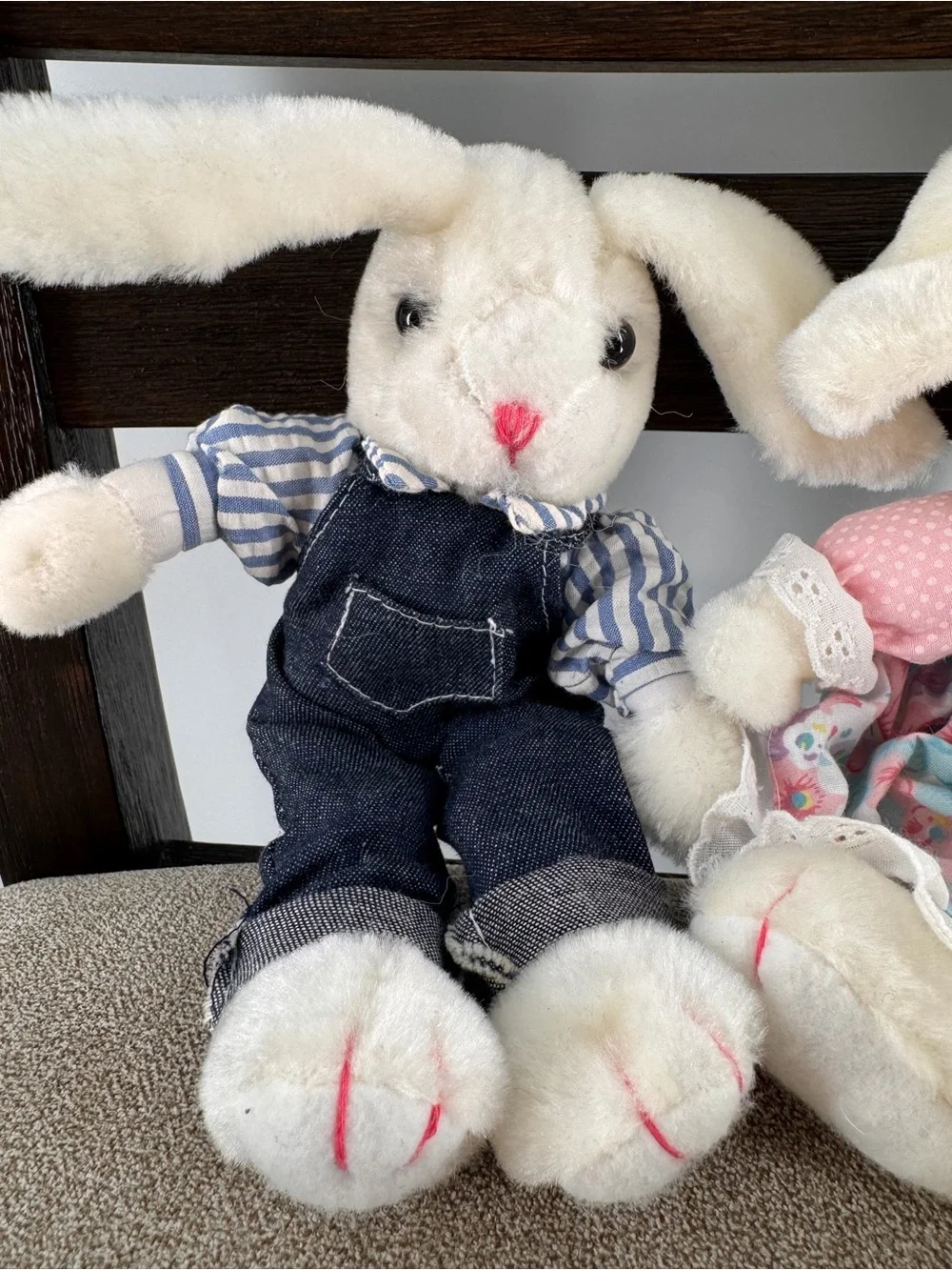 Vintage Plush Bunny Rabbit Couple Lot of 2 Boy Girl Matching Outfits Country